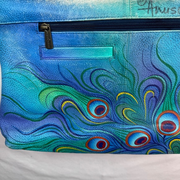 Anuschka Hand-Painted Leather Shoulder Bag Peacock Feathers Blue Green Purse - Picture 6 of 16